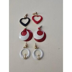 Vtg 80s Enamel Earrings Set 3 Pairs Hearts Anchors Mod Red and Red and Blue Gold